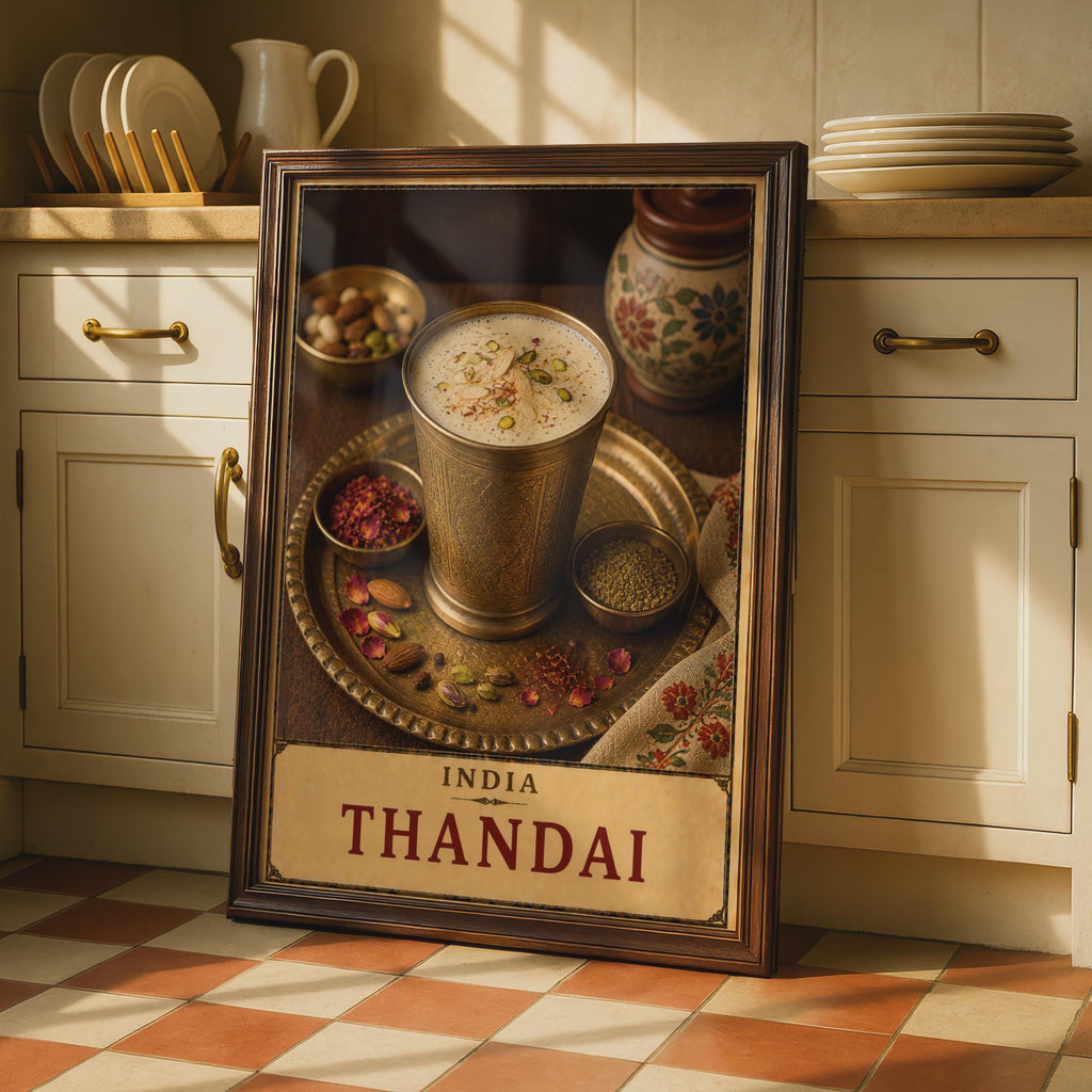 Thandai India Drink Poster, Spiced Milk, Brass Cup, South Asian Cuisine Art