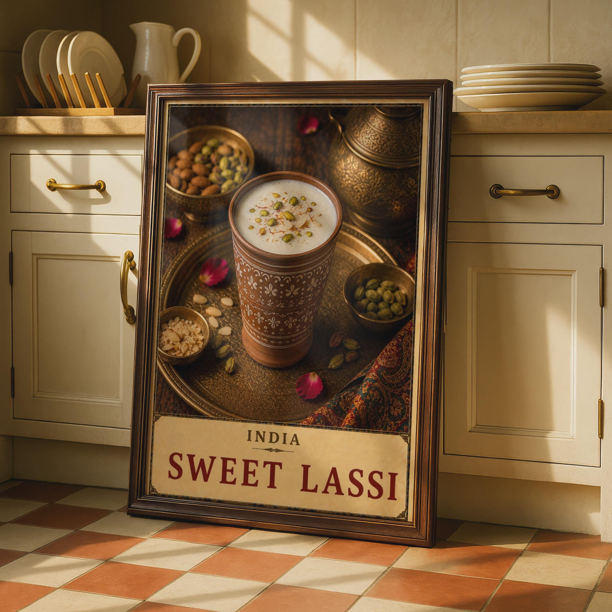 India Sweet Lassi Poster, Hand-Painted Terracotta Cup, Saffron Pistachio Garnish, Vintage Style Food Print