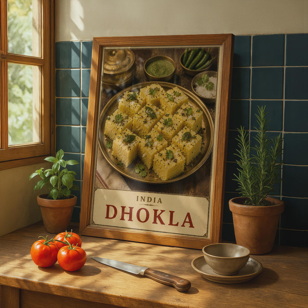 India Dhokla Food Poster, Gujarati Street Food Wall Art, South Asian Cuisine Print