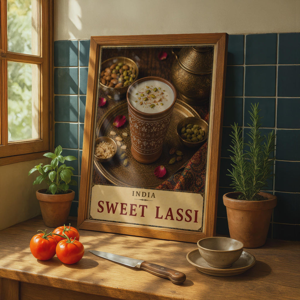 India Sweet Lassi Poster, Hand-Painted Terracotta Cup, Saffron Pistachio Garnish, Vintage Style Food Print