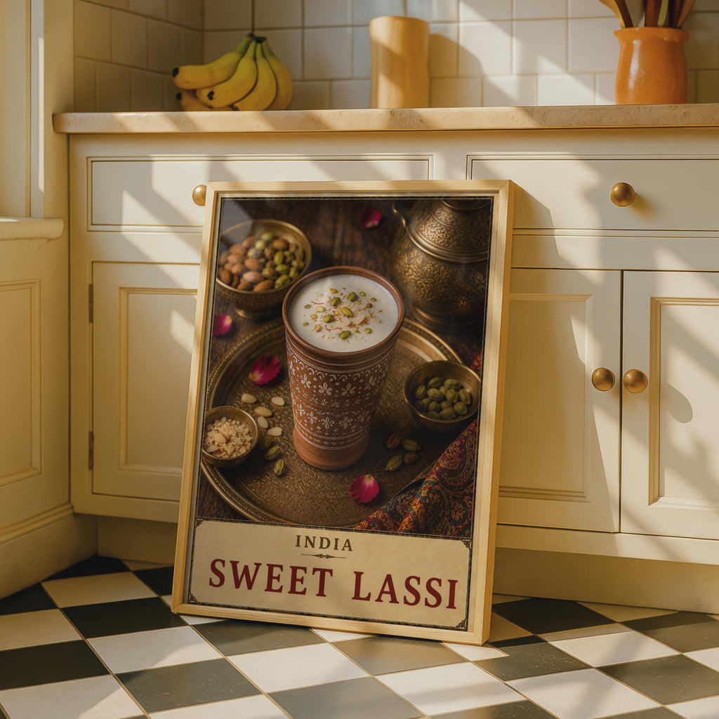 India Sweet Lassi Poster, Hand-Painted Terracotta Cup, Saffron Pistachio Garnish, Vintage Style Food Print