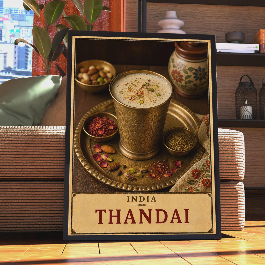 Thandai India Drink Poster, Spiced Milk, Brass Cup, South Asian Cuisine Art