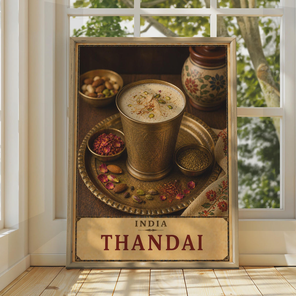 Thandai India Drink Poster, Spiced Milk, Brass Cup, South Asian Cuisine Art