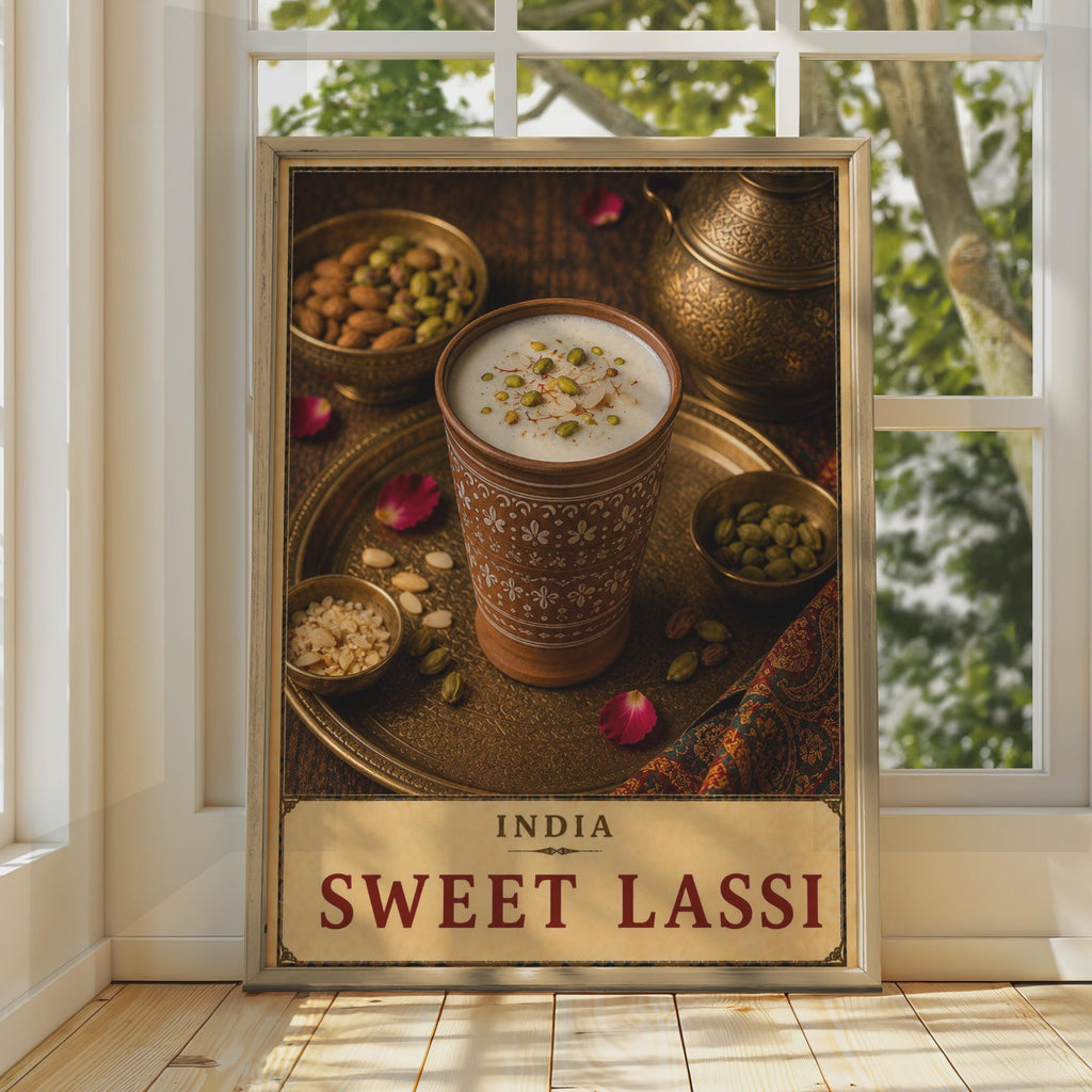 India Sweet Lassi Poster, Hand-Painted Terracotta Cup, Saffron Pistachio Garnish, Vintage Style Food Print