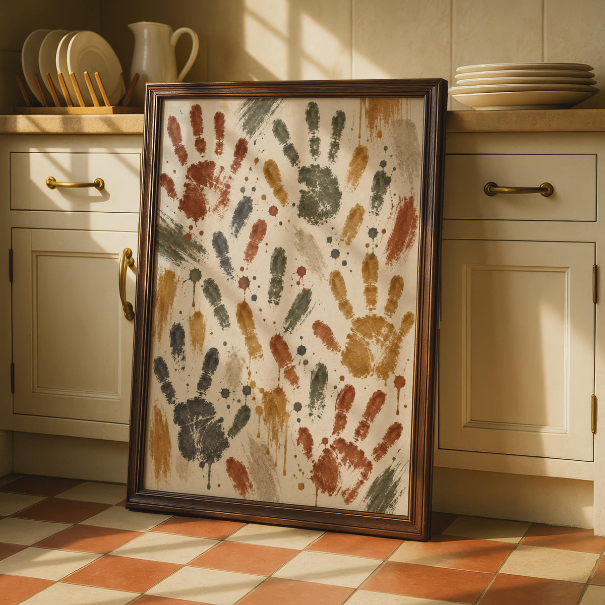 Earthy Tones Handprint Art Poster, Boho Abstract Wall Decor (Terracotta, Olive, Ochre)