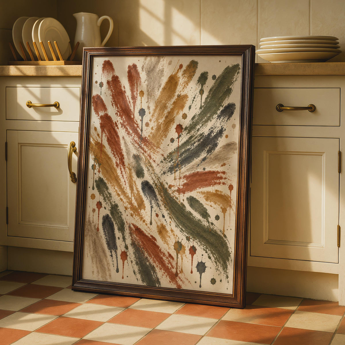 Abstract Brush Stroke Poster, Earthy Tones, Rust Ochre Olive Splatter Art (Printed to Order)