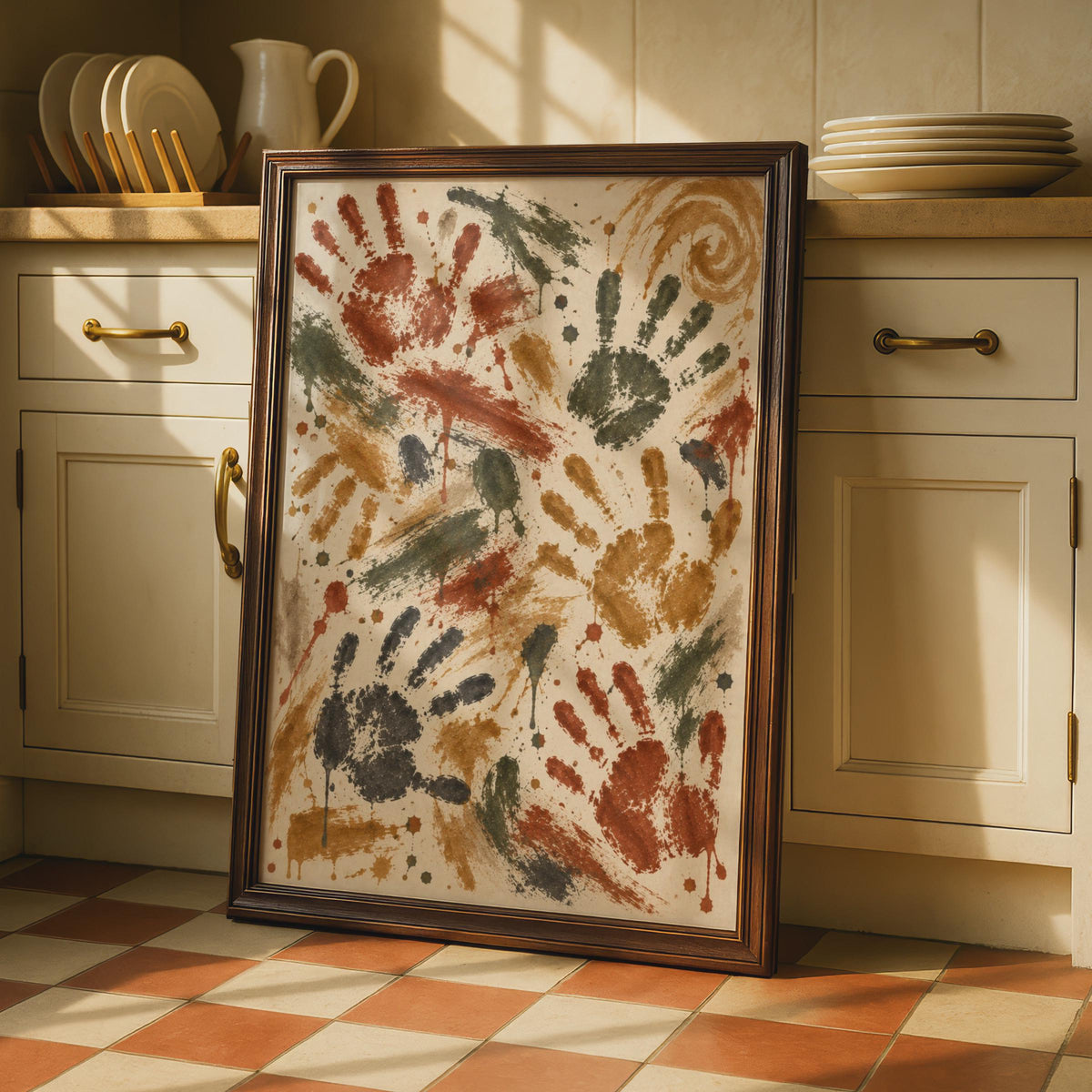 Handprint Art: Tribal Cave Painting Style Abstract Wall Art, Red Ochre Green Print