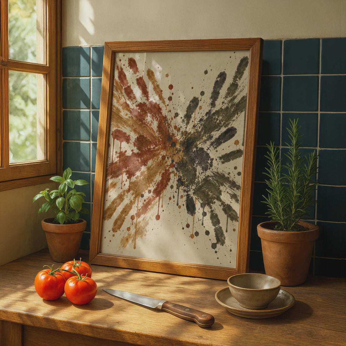 Abstract Handprint Splash Poster, Rust Charcoal Wall Art, Expressive Paint Splatter Print
