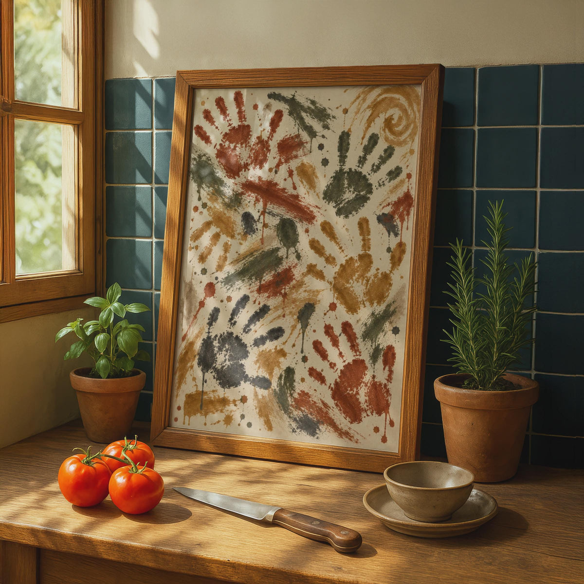 Handprint Art: Tribal Cave Painting Style Abstract Wall Art, Red Ochre Green Print