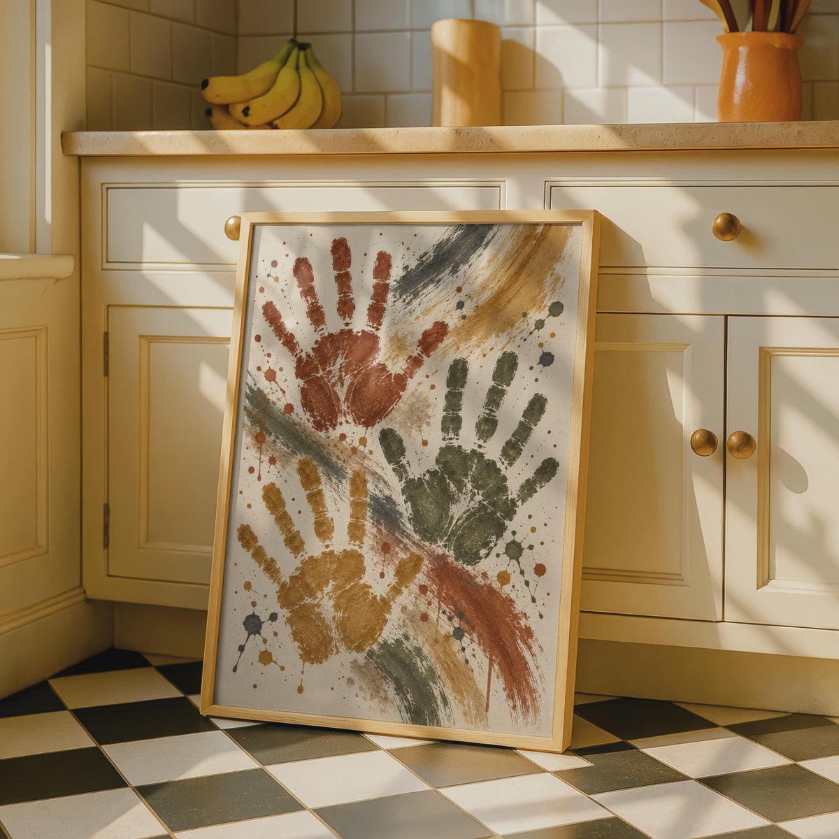 Earthy Handprint Art Poster, Rust Ochre Olive Boho Tribal Wall Decor