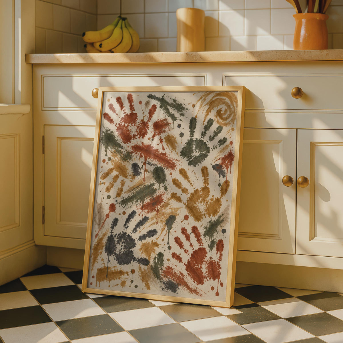 Handprint Art: Tribal Cave Painting Style Abstract Wall Art, Red Ochre Green Print