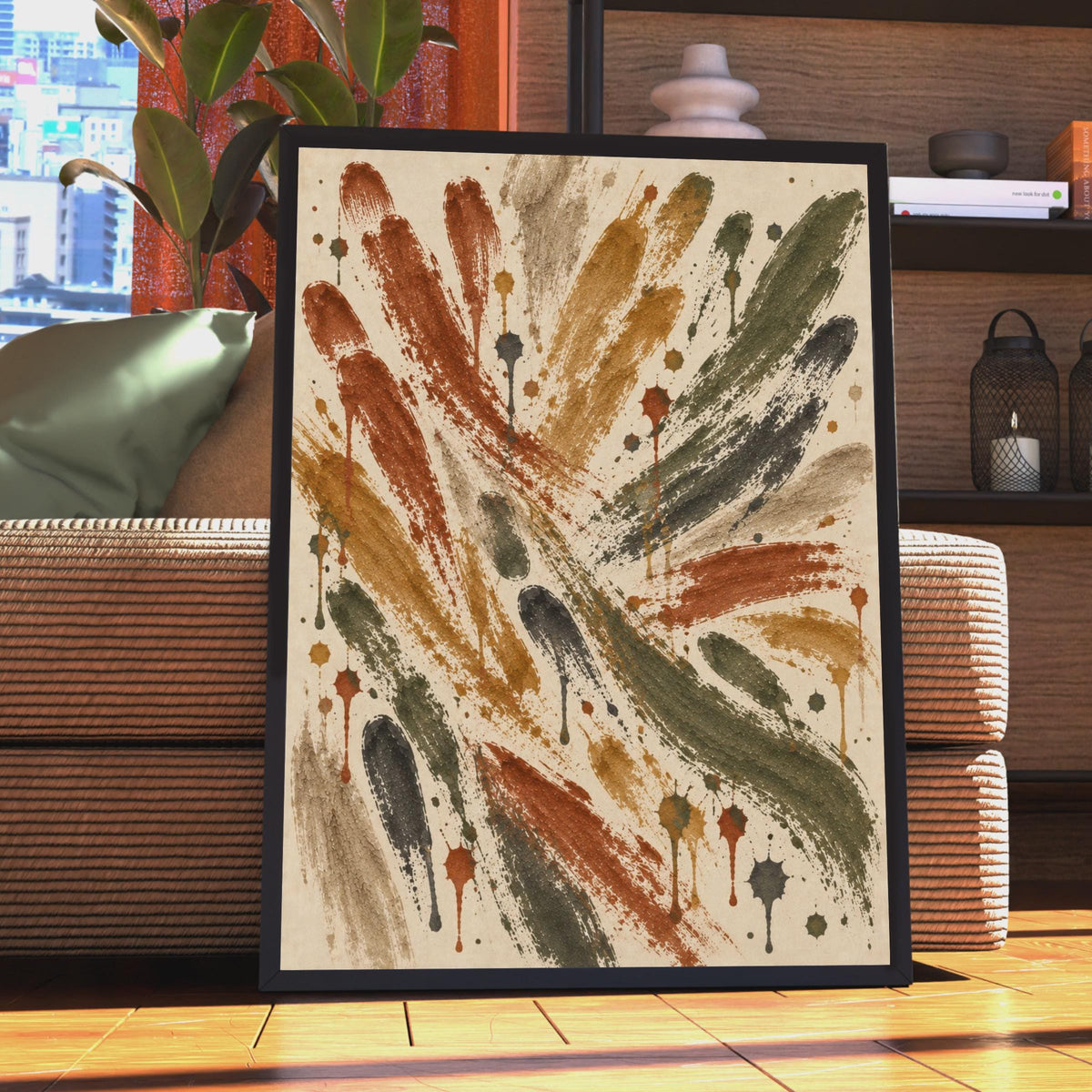 Abstract Brush Stroke Poster, Earthy Tones, Rust Ochre Olive Splatter Art (Printed to Order)