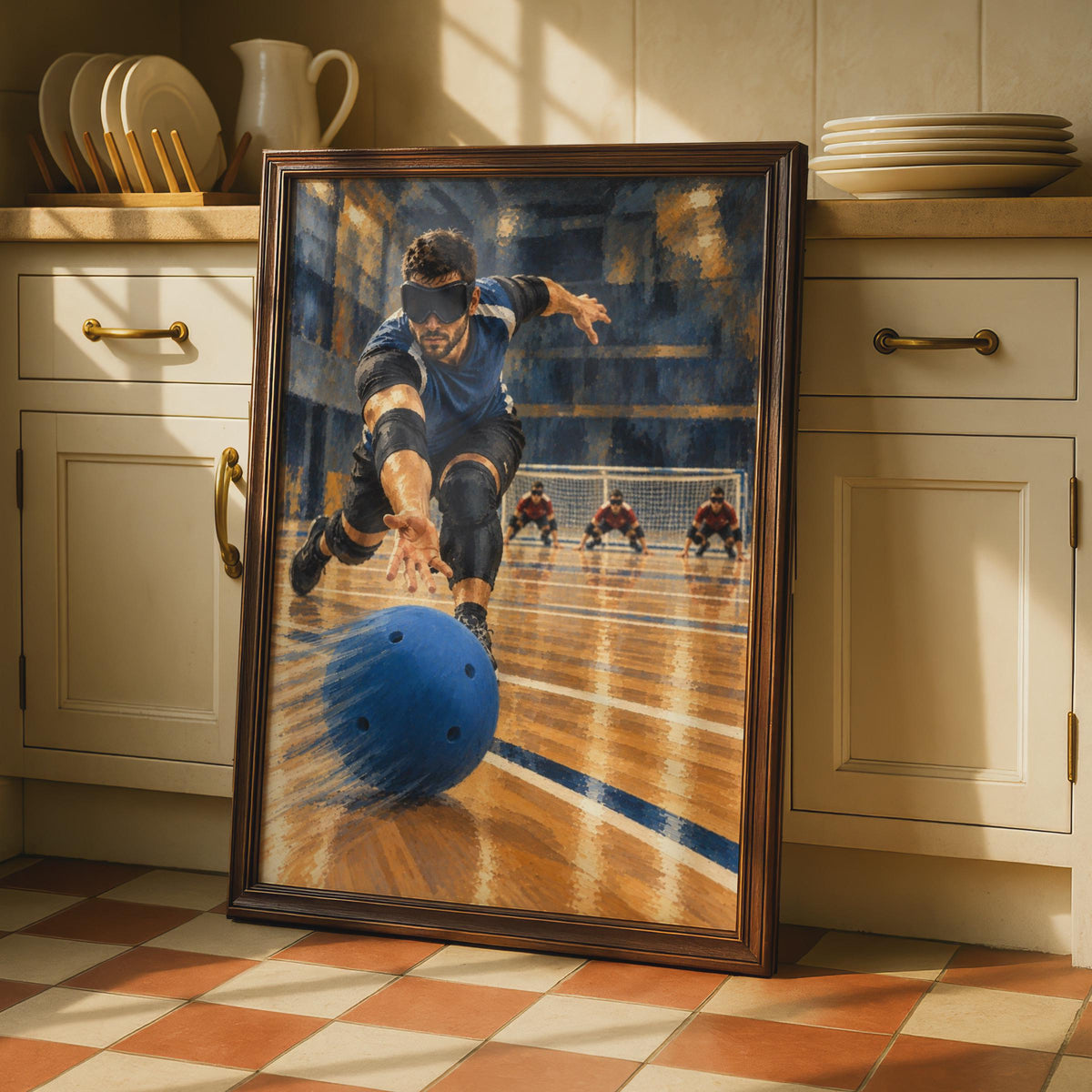 Goalball Sports Poster, Paralympic Athlete Wall Art, Indoor Sports Print, Blue and Gold Gym Decor, Disability Sport