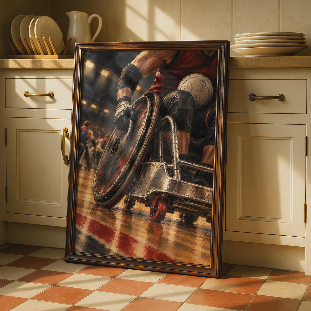 Wheelchair Basketball Poster, Mosaic Style, Red Black Court Art (Print)