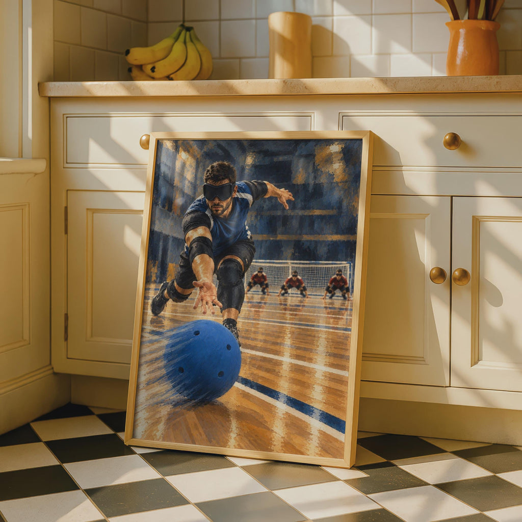 Goalball Sports Poster, Paralympic Athlete Wall Art, Indoor Sports Print, Blue and Gold Gym Decor, Disability Sport