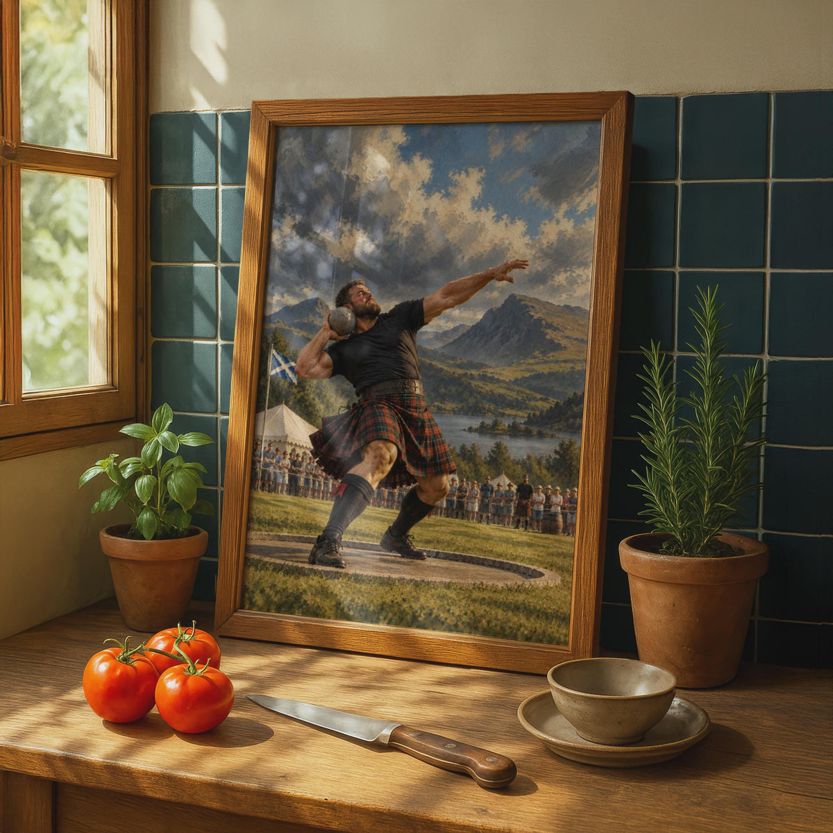 Scottish Highland Games Stone Put Poster, Tartan Kilt Athlete, Traditional Sports Wall Art (Print)