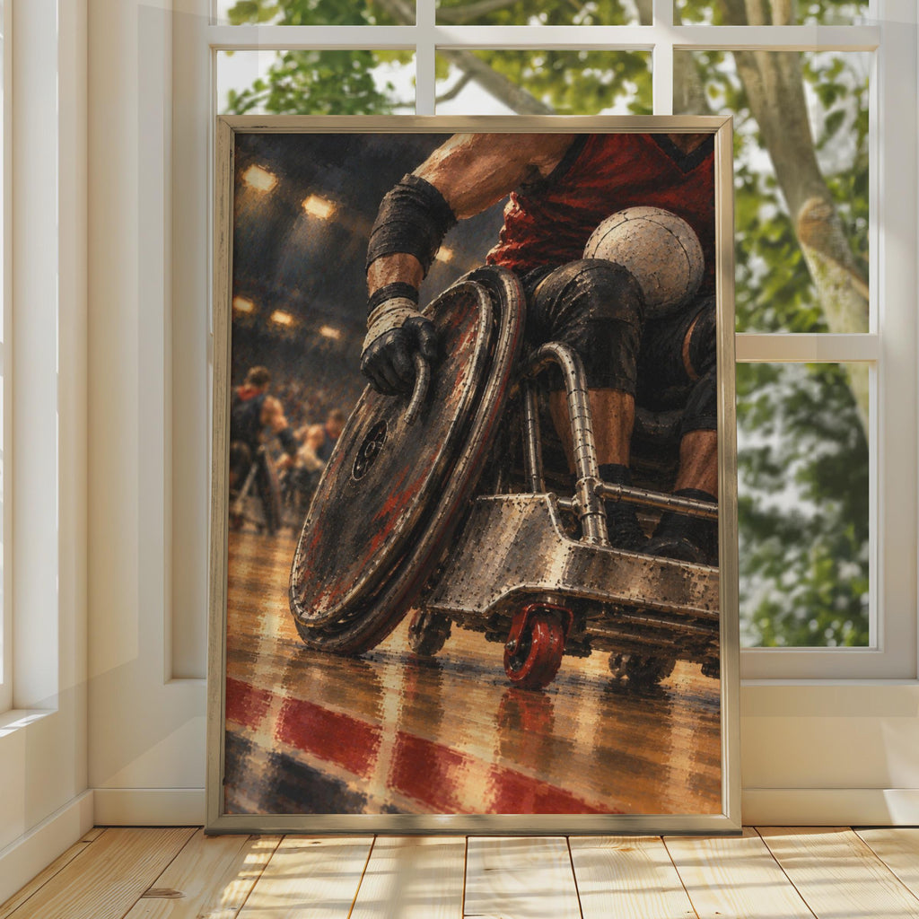 Wheelchair Basketball Poster, Mosaic Style, Red Black Court Art (Print)