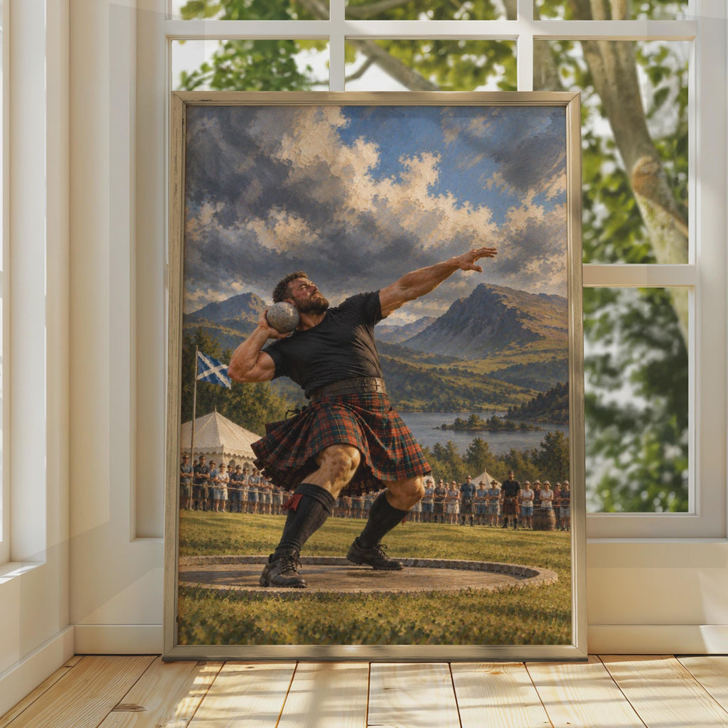 Scottish Highland Games Stone Put Poster, Tartan Kilt Athlete, Traditional Sports Wall Art (Print)