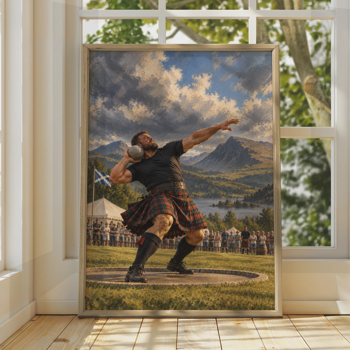 Scottish Highland Games Stone Put Poster, Tartan Kilt Athlete, Traditional Sports Wall Art (Print)