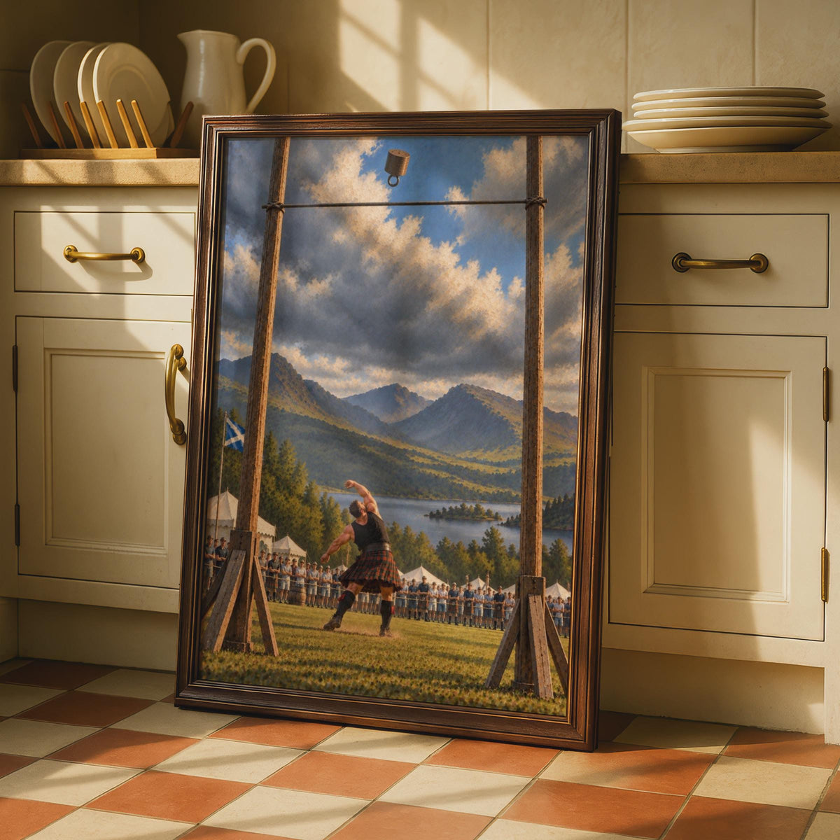 Scottish Highland Games Weight Throw Poster, Tartan Kilt Athlete, Scotland Landscape Art