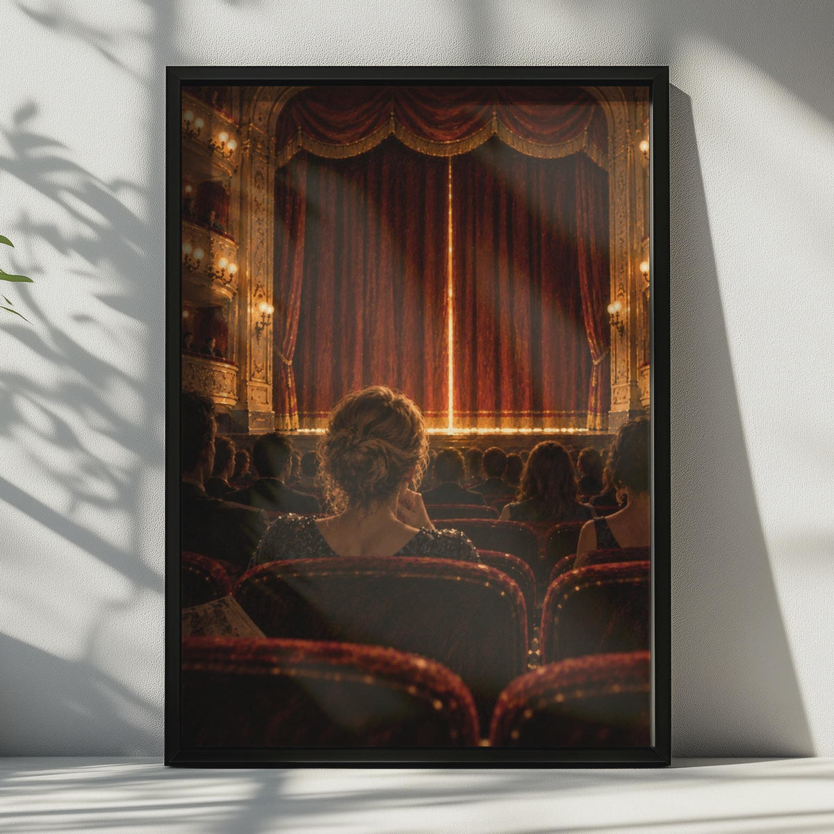 Grand Theatre Poster, Elegant Woman Audience, Red Gold Curtain, Classical Music Decor