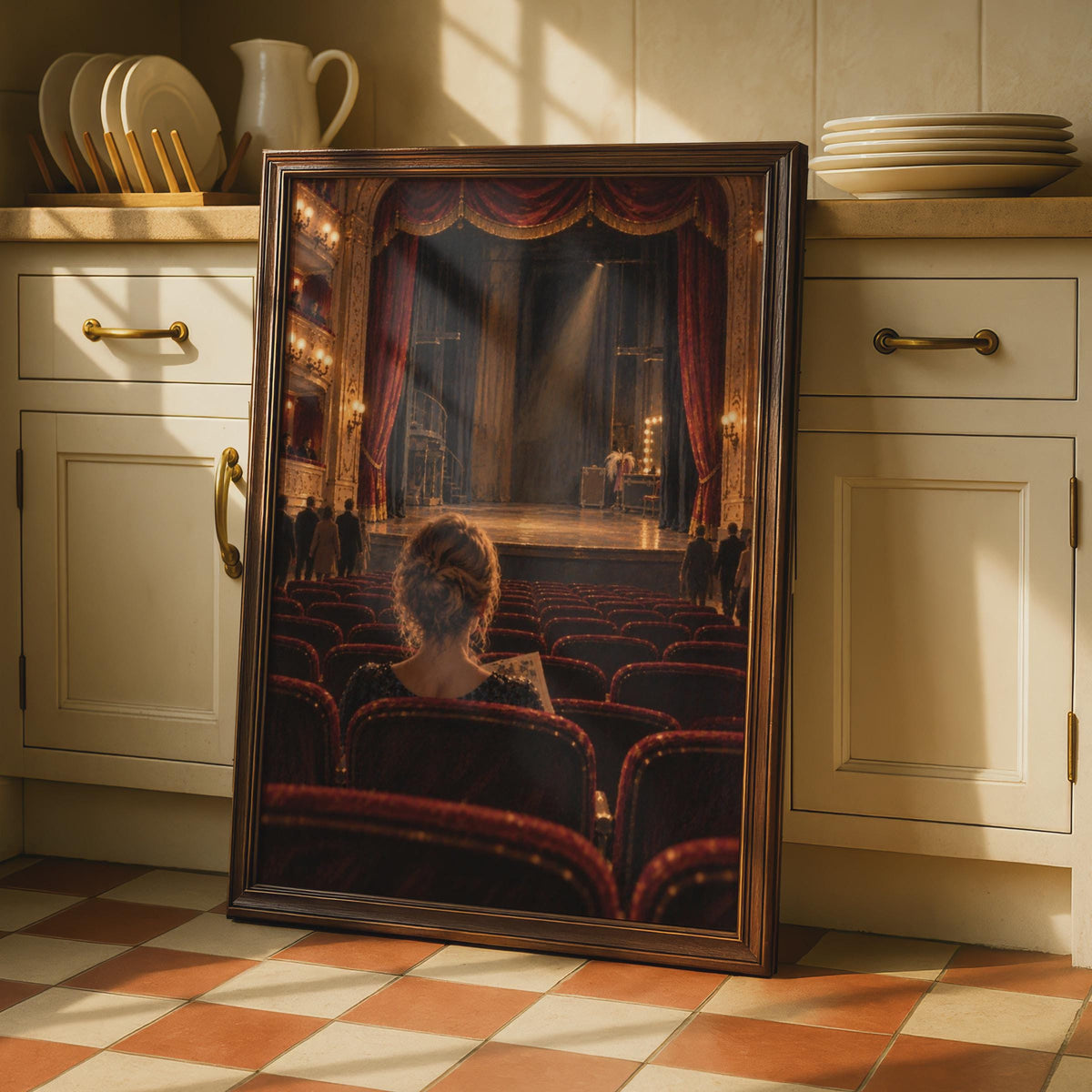 Grand Opera House Poster, Woman Audience, Red Velvet Seats, Dramatic Moody Home Decor Print
