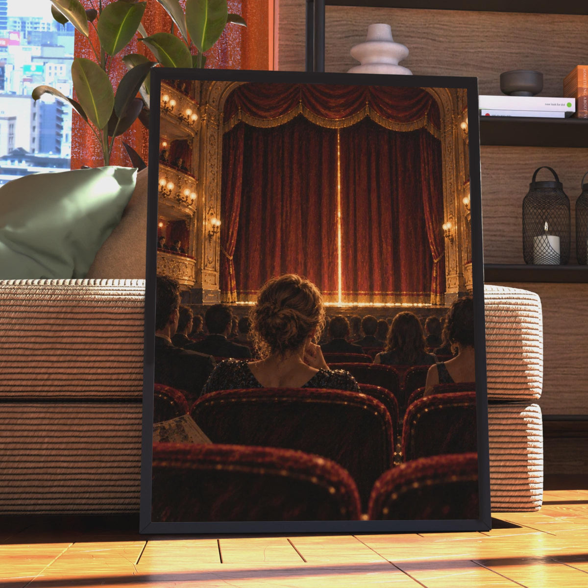 Grand Theatre Poster, Elegant Woman Audience, Red Gold Curtain, Classical Music Decor