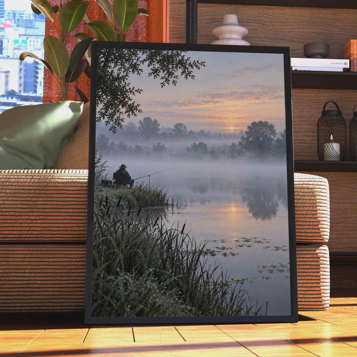 Misty Morning Fishing Poster, Sunrise Lake Wall Art, Angler Gift, Countryside Nature Print