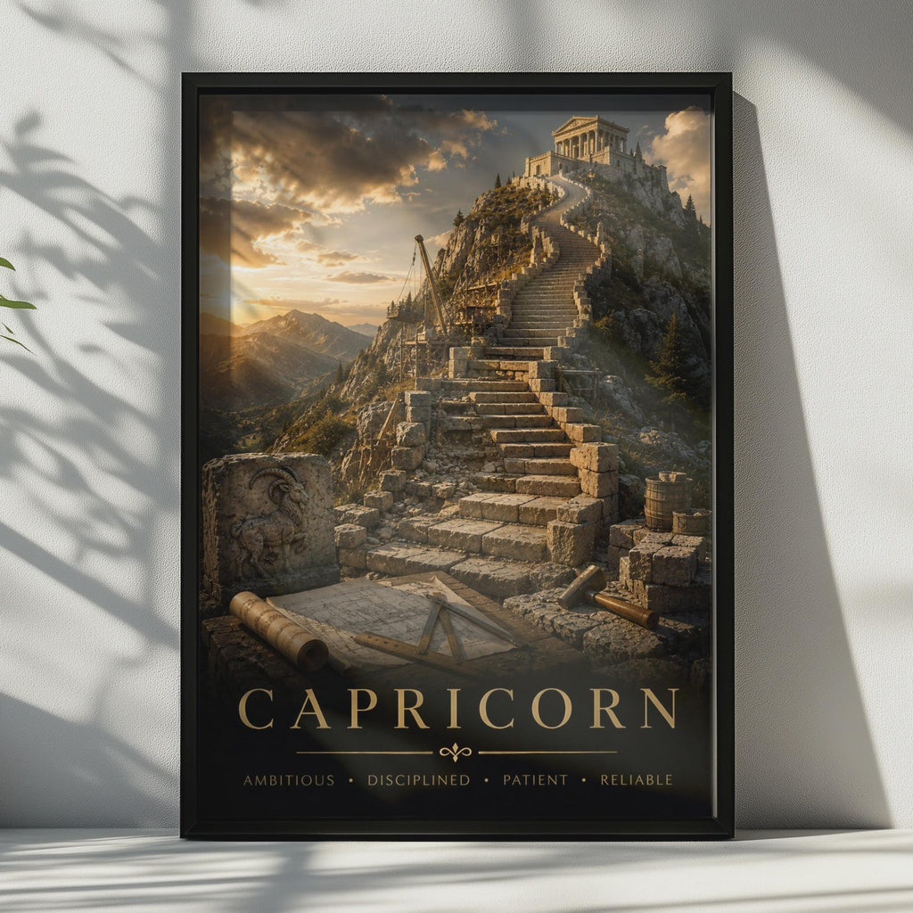Capricorn Zodiac Poster, Mountain Temple, Ambitious Disciplined Astrology Print (Wall Art)