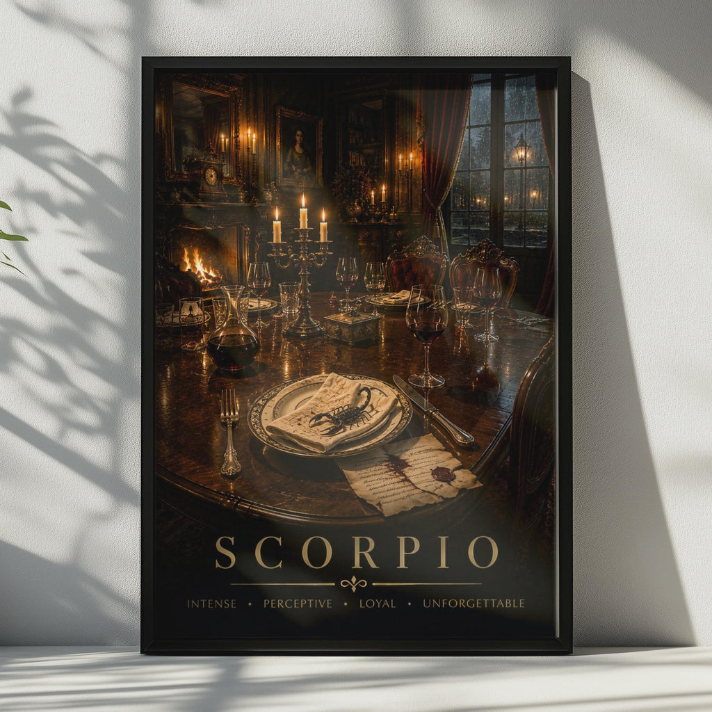 Scorpio Zodiac Poster, Gothic Candlelit Dining Room, Moody Astrology Art