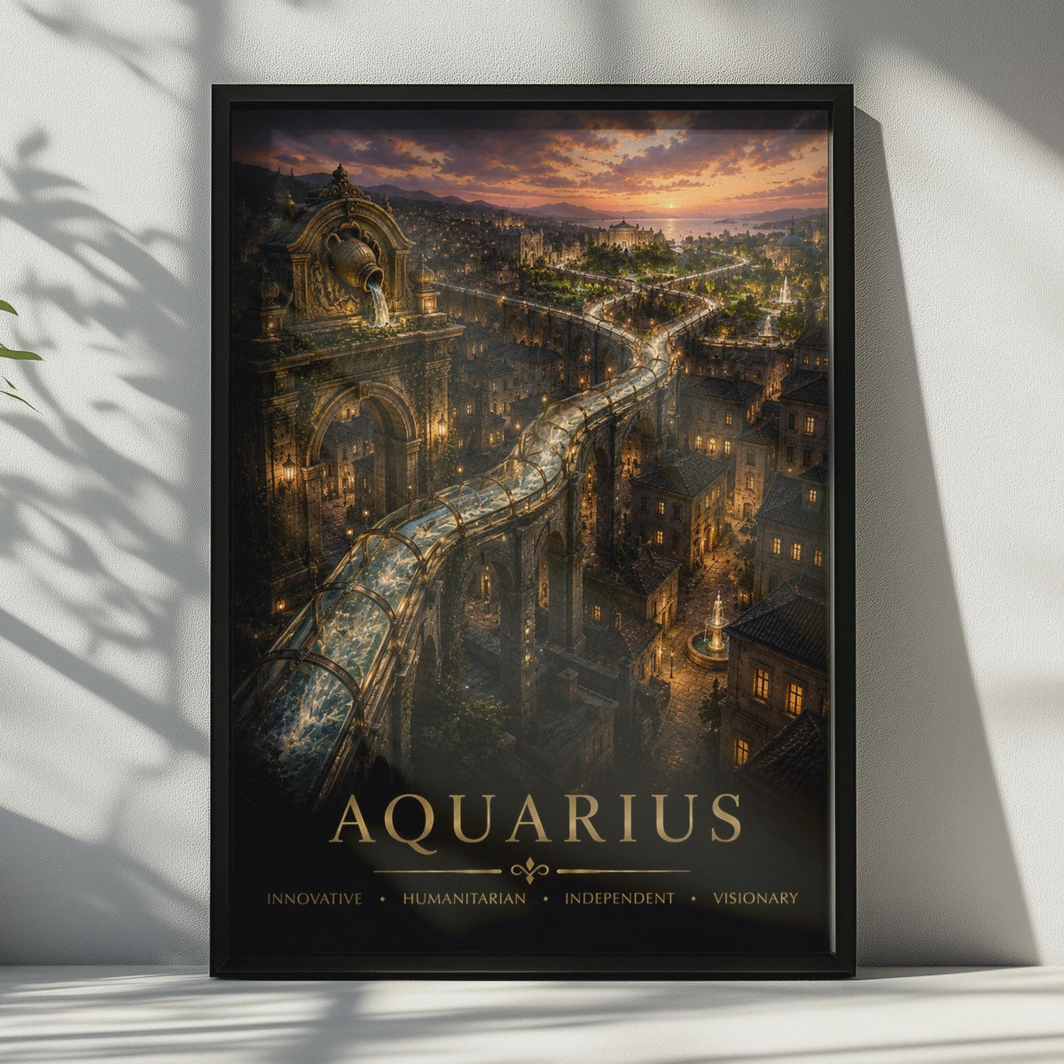 Aquarius Fantasy Cityscape Poster, Golden Sunset, Astrology Wall Art (Print)