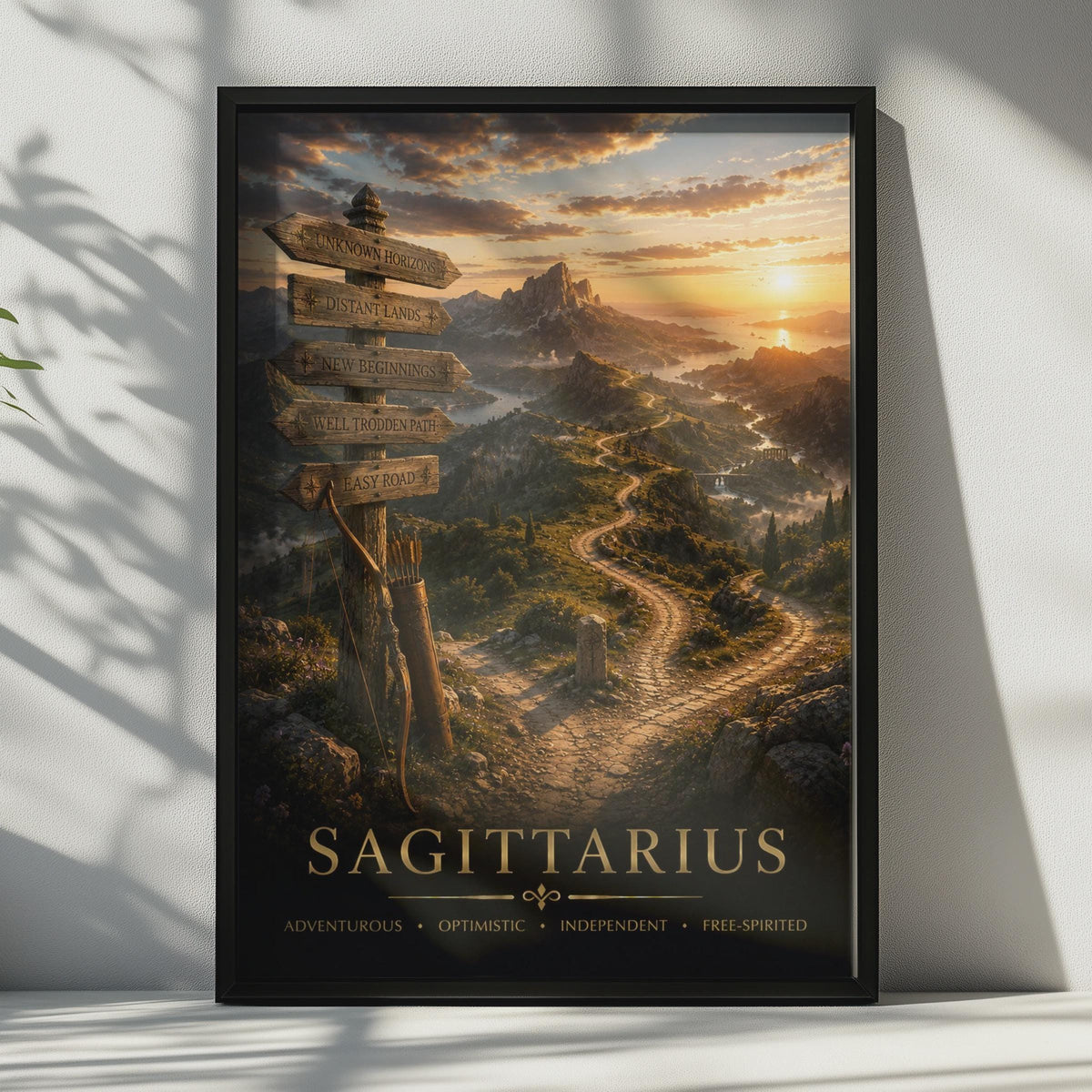 Sagittarius Zodiac Poster, Archer Bow, Golden Sunset Landscape Print