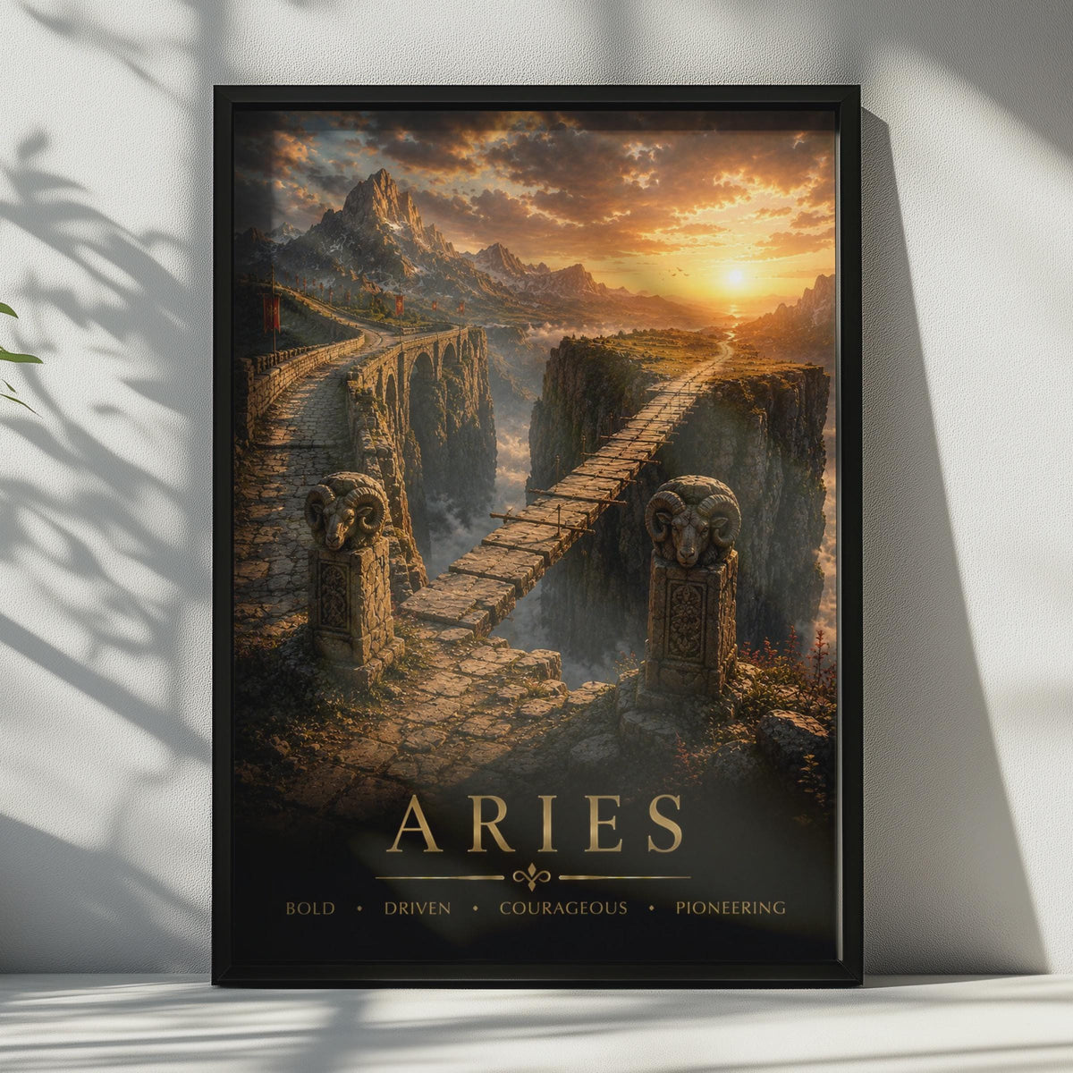 Aries Zodiac Poster, Fantasy Landscape, Golden Sunset, Bold Courageous Gift (Print)