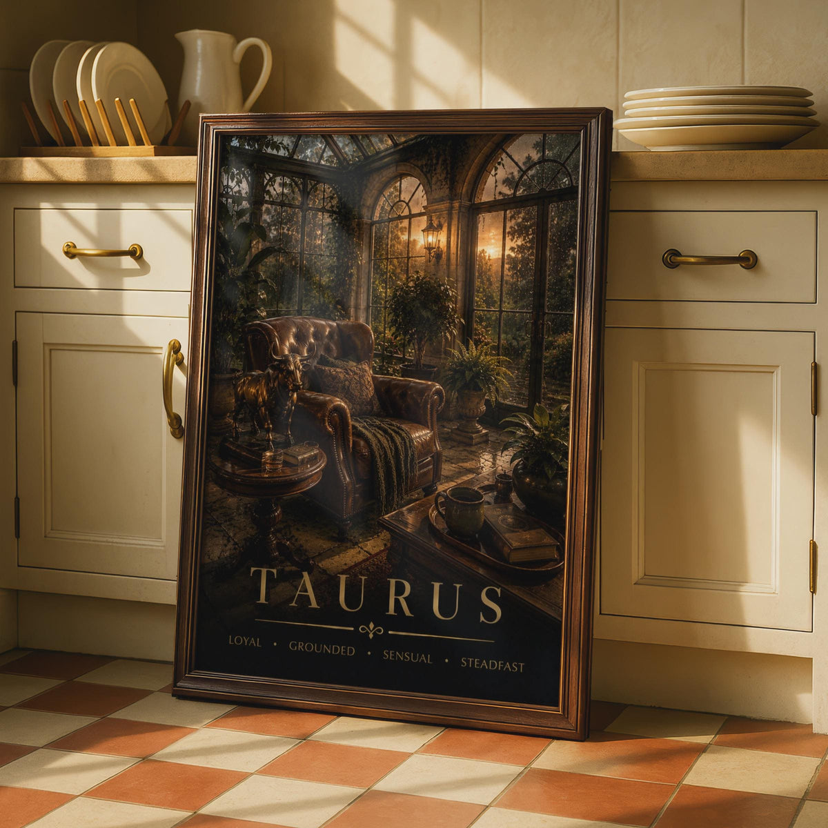 Taurus Zodiac Poster, Moody Botanical Conservatory, Golden Hour Art (Print)