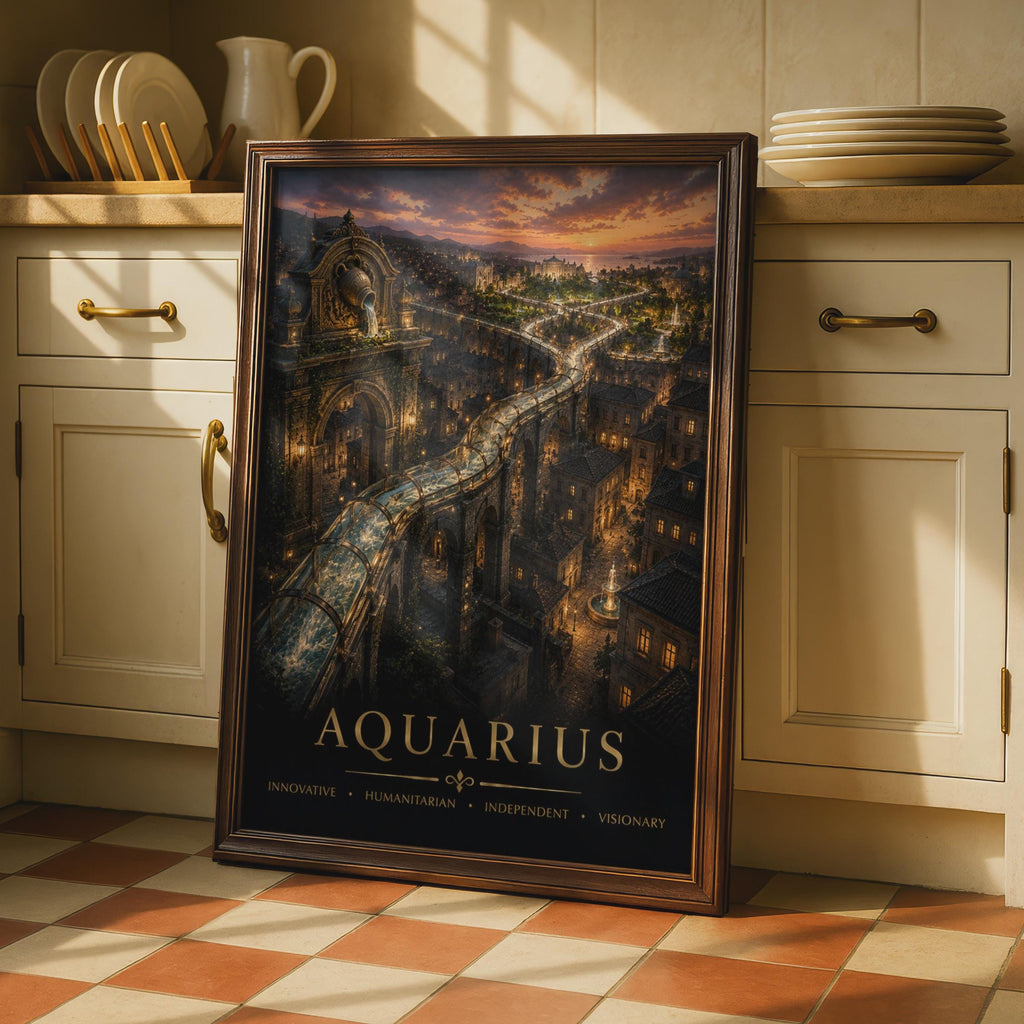 Aquarius Fantasy Cityscape Poster, Golden Sunset, Astrology Wall Art (Print)