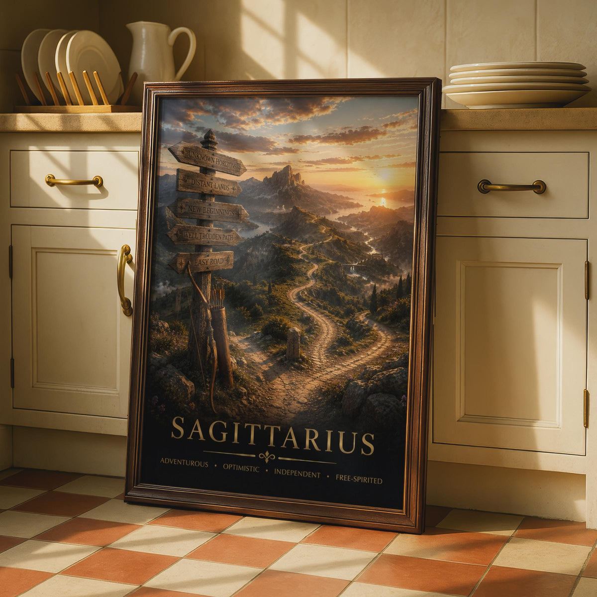 Sagittarius Zodiac Poster, Archer Bow, Golden Sunset Landscape Print