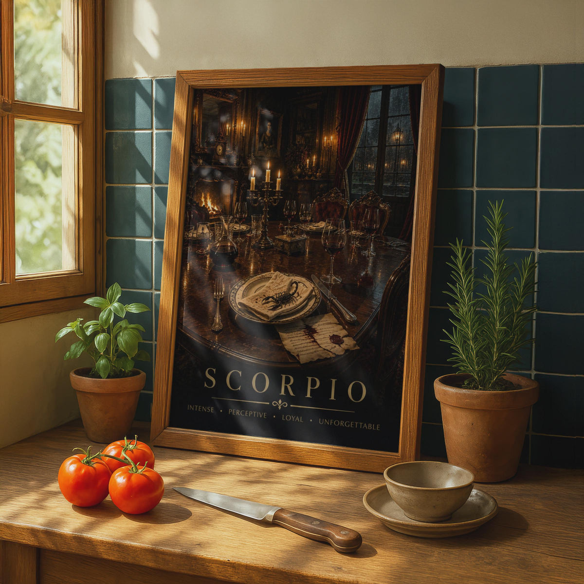 Scorpio Zodiac Poster, Gothic Candlelit Dining Room, Moody Astrology Art