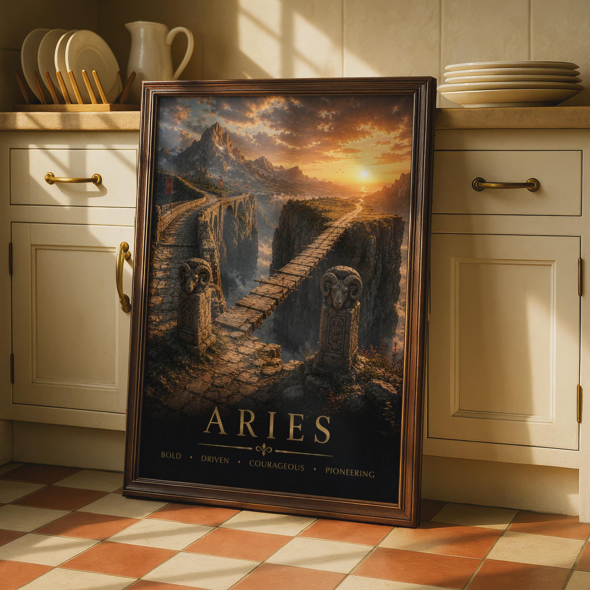 Aries Zodiac Poster, Fantasy Landscape, Golden Sunset, Bold Courageous Gift (Print)
