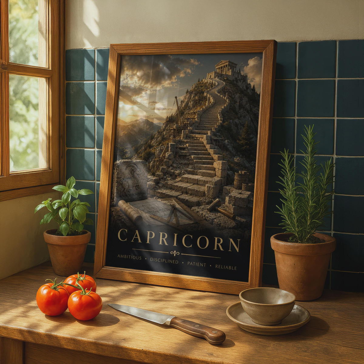Capricorn Zodiac Poster, Mountain Temple, Ambitious Disciplined Astrology Print (Wall Art)