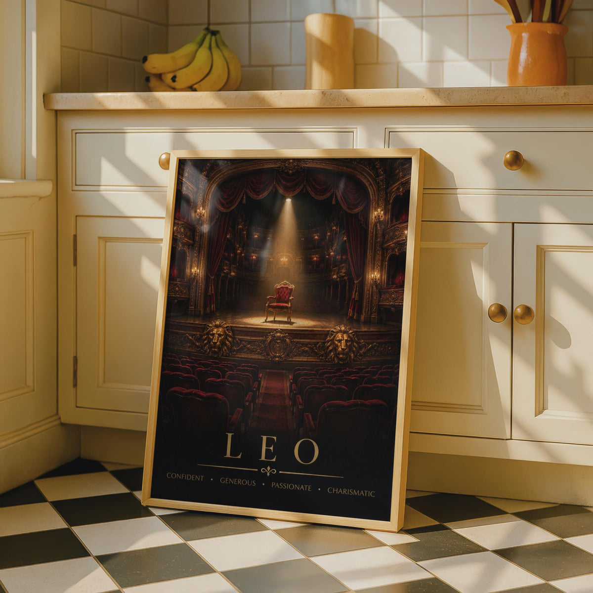 Leo Zodiac Poster, Red Velvet Throne, Gold Lion, Dramatic Theatre Decor