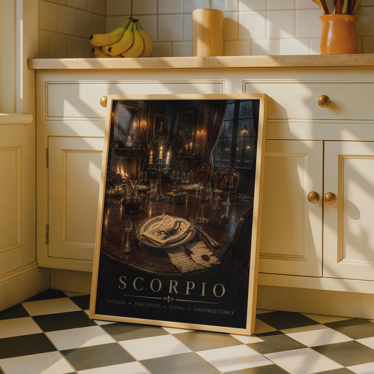 Scorpio Zodiac Poster, Gothic Candlelit Dining Room, Moody Astrology Art