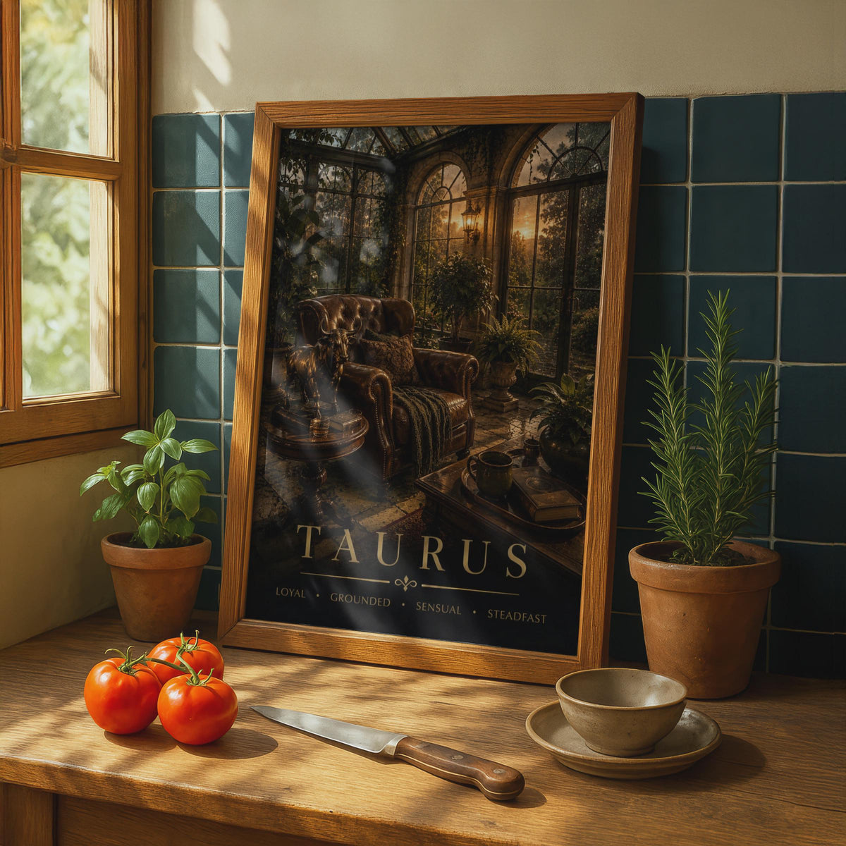 Taurus Zodiac Poster, Dark Moody Astrology Print, Victorian Greenhouse Scene (Wall Art)