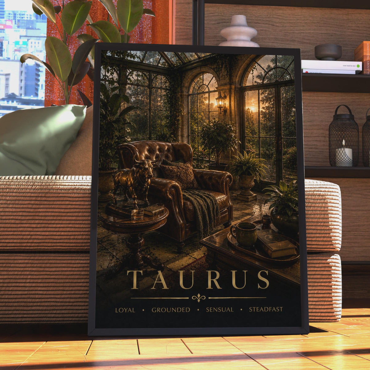 Taurus Zodiac Poster, Moody Botanical Conservatory, Golden Hour Art (Print)