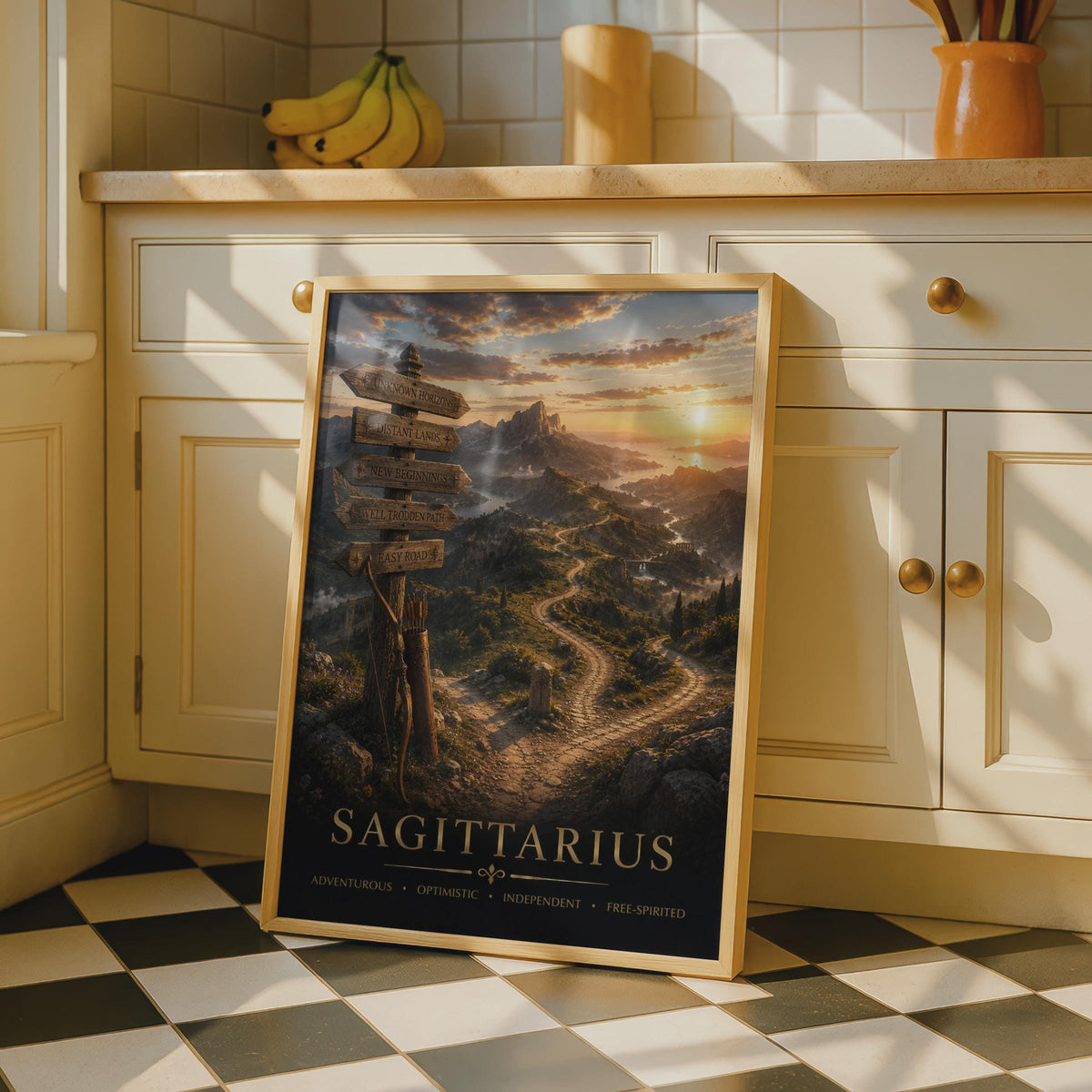 Sagittarius Zodiac Poster, Archer Bow, Golden Sunset Landscape Print