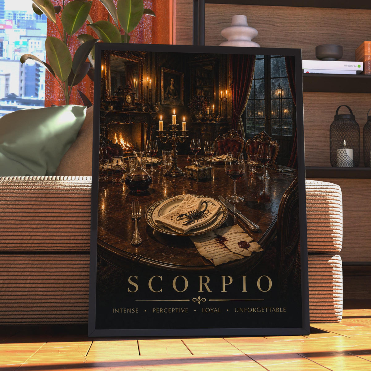 Scorpio Zodiac Poster, Gothic Candlelit Dining Room, Moody Astrology Art