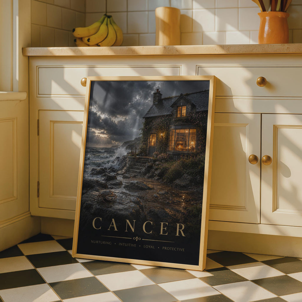 Cancer Zodiac Poster, Moody Coastal Cottage, Astrology Wall Art (Print)