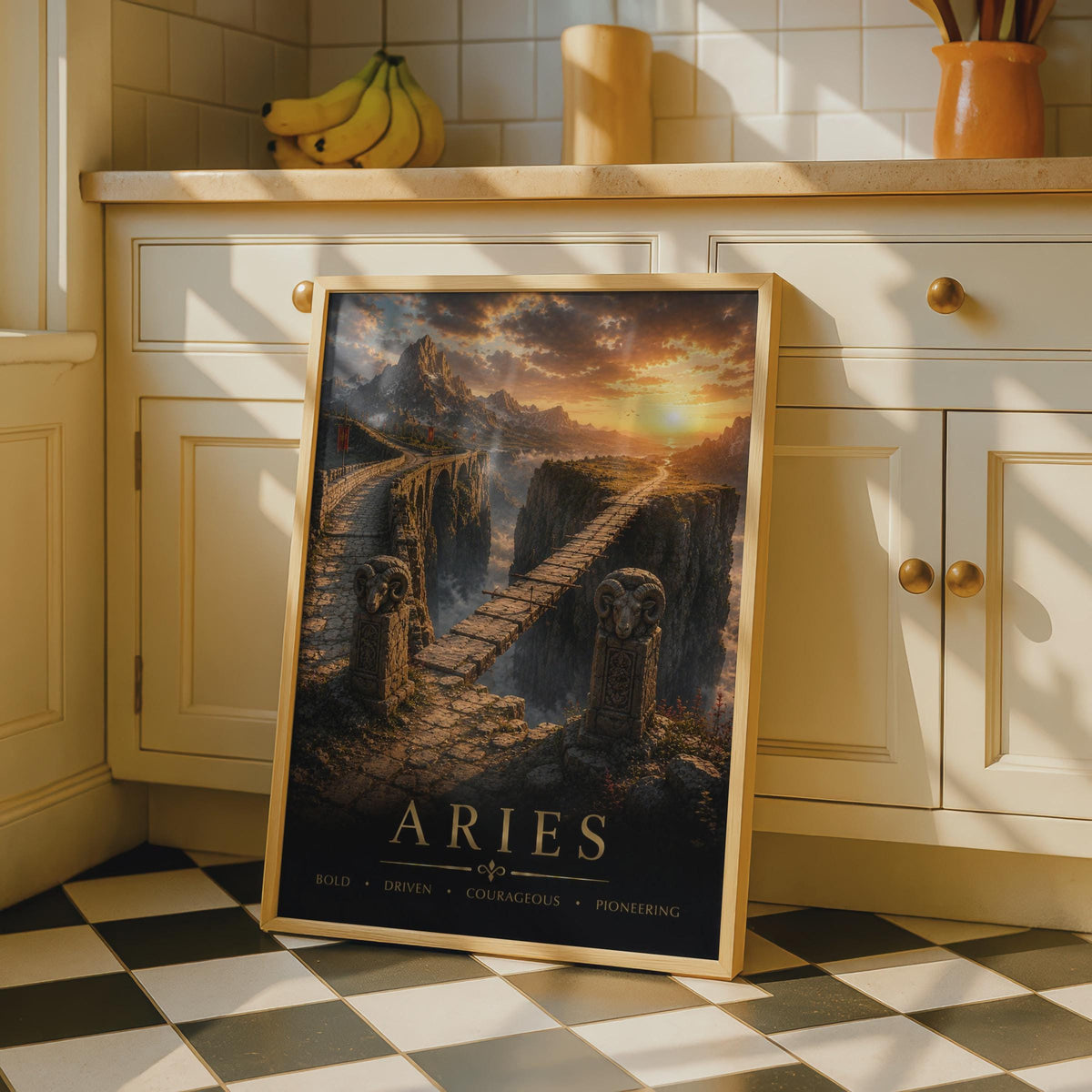 Aries Zodiac Poster, Fantasy Landscape, Golden Sunset, Bold Courageous Gift (Print)
