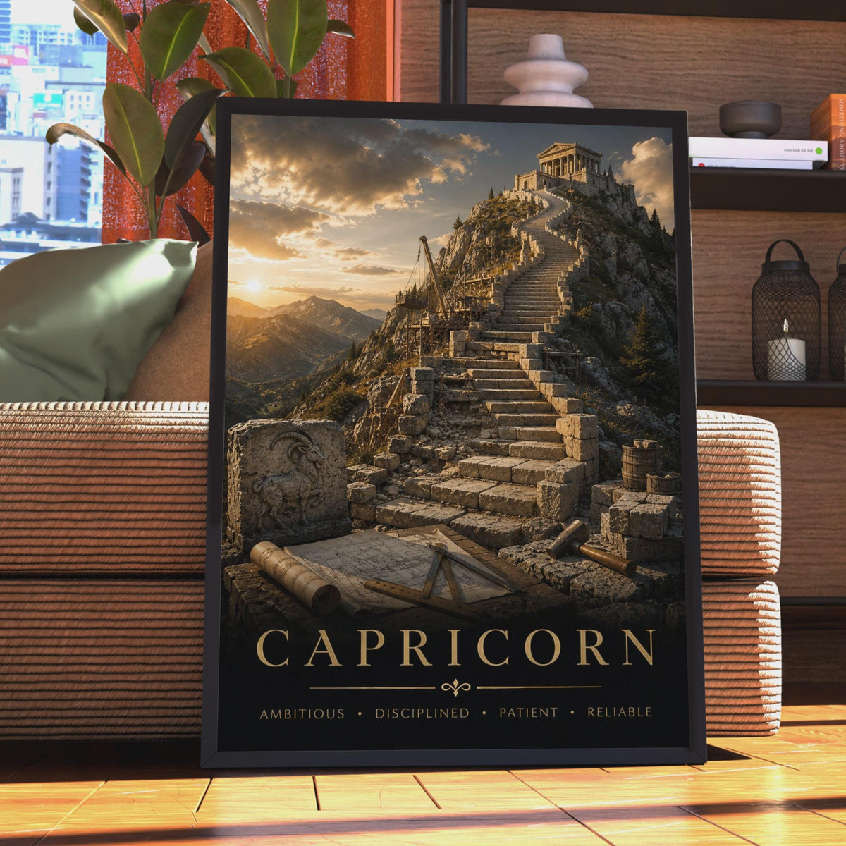 Capricorn Zodiac Poster, Mountain Temple, Ambitious Disciplined Astrology Print (Wall Art)