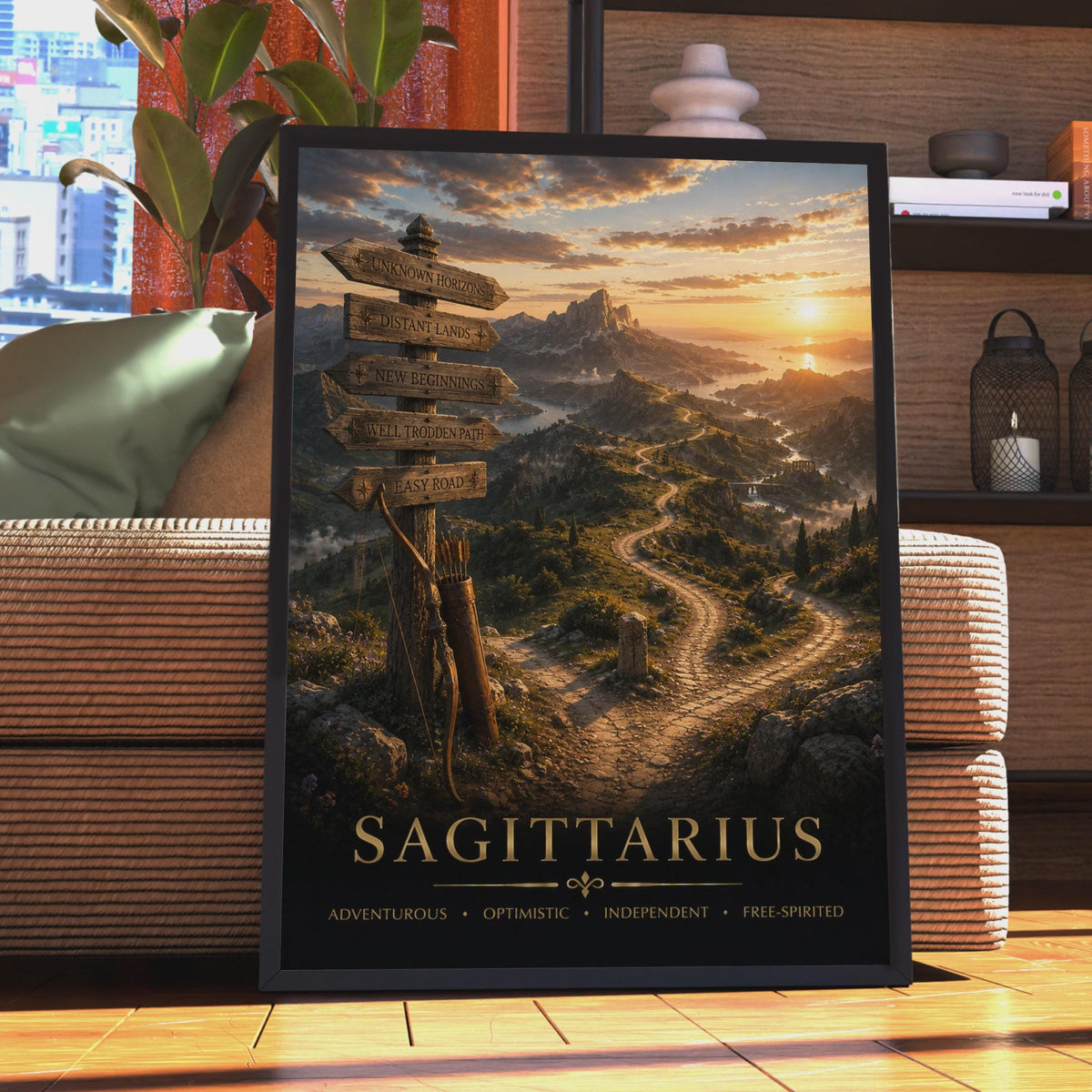 Sagittarius Zodiac Poster, Archer Bow, Golden Sunset Landscape Print
