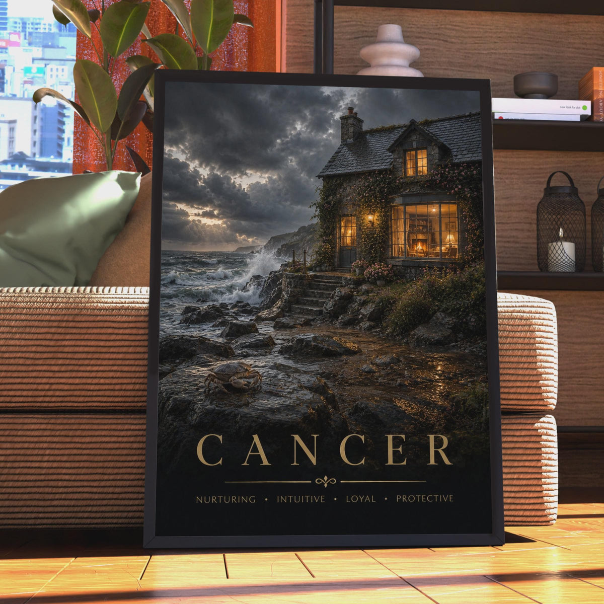 Cancer Zodiac Poster, Moody Coastal Cottage, Astrology Wall Art (Print)
